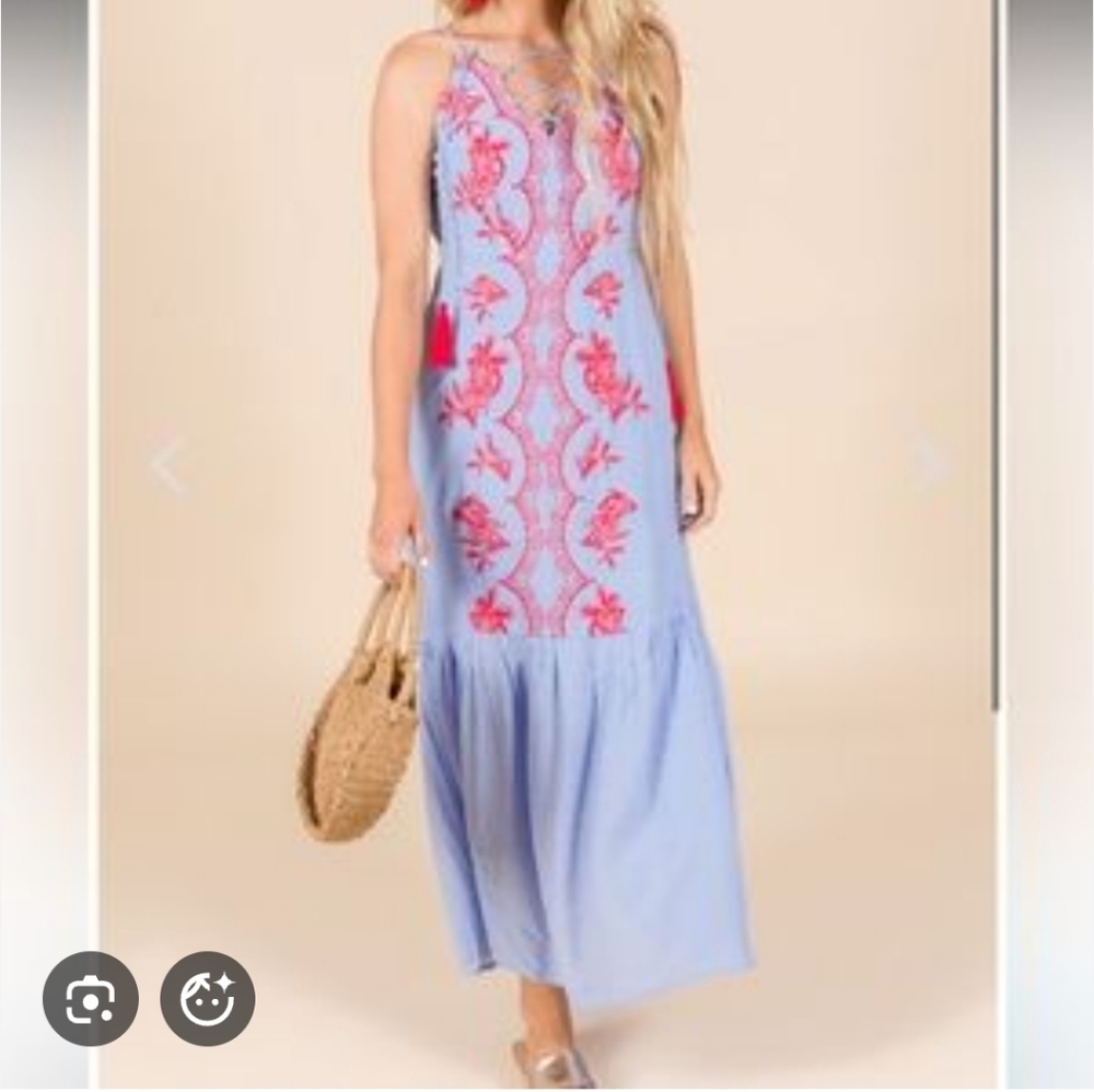 Light Blue Maxi Dress with Red Embroidery
